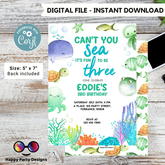 Can't you sea it's fun to be three template Invitation | Editable Ocean Invitation | under the sea party | boy birthday | any age #K230