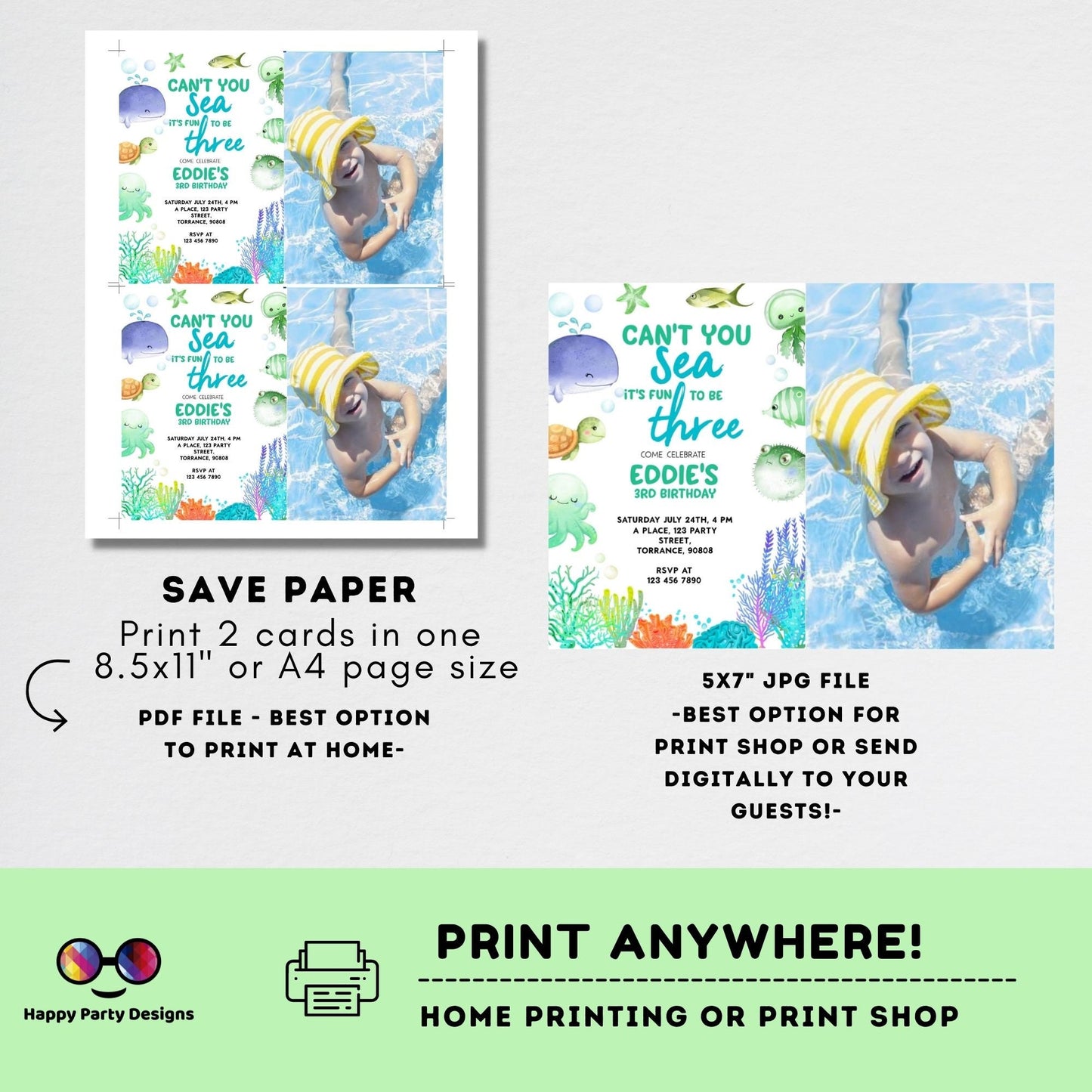 Can't you sea it's fun to be three template Invitation with photo | Editable Ocean Invitation | under the sea | boy birthday | any age #K230
