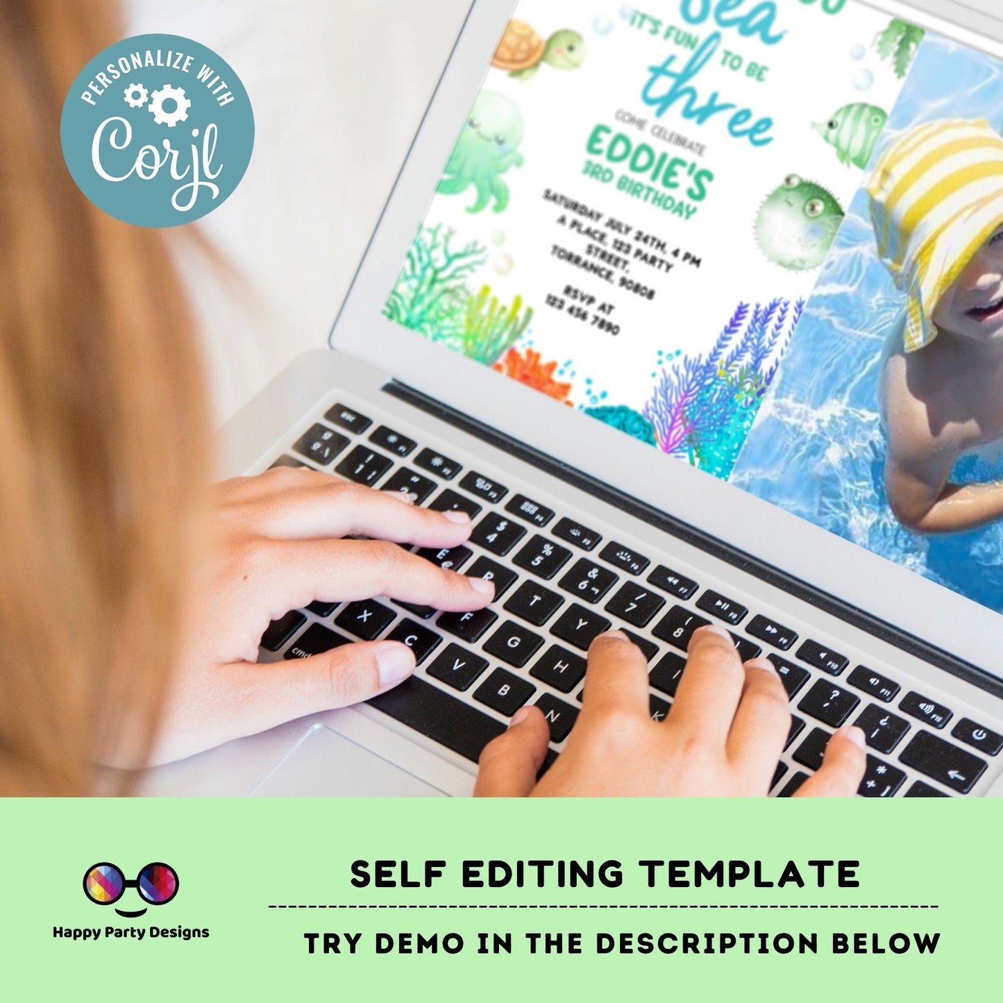 Can't you sea it's fun to be three template Invitation with photo | Editable Ocean Invitation | under the sea | boy birthday | any age #K230