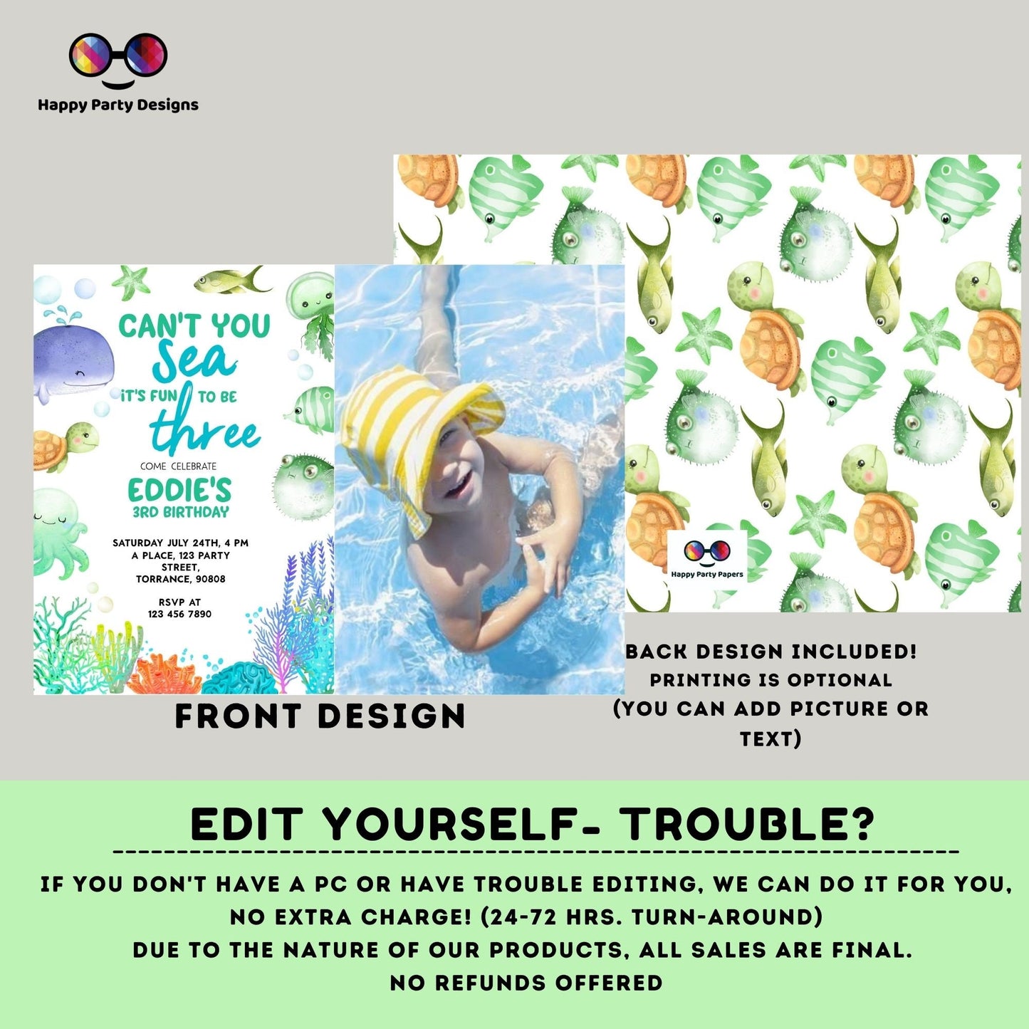 Can't you sea it's fun to be three template Invitation with photo | Editable Ocean Invitation | under the sea | boy birthday | any age #K230