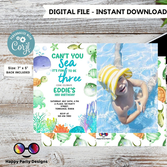 Can't you sea it's fun to be three template Invitation with photo | Editable Ocean Invitation | under the sea | boy birthday | any age #K230