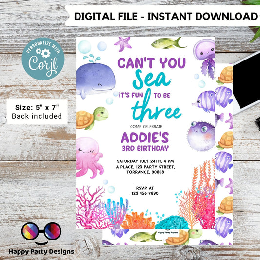 Can't you sea it's fun to be three template Invitation | Editable Ocean Invitation | under the sea party | girl birthday | any age #K230