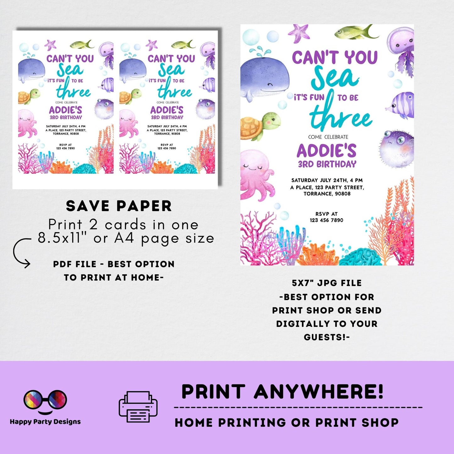 Can't you sea it's fun to be three template Invitation | Editable Ocean Invitation | under the sea party | girl birthday | any age #K230