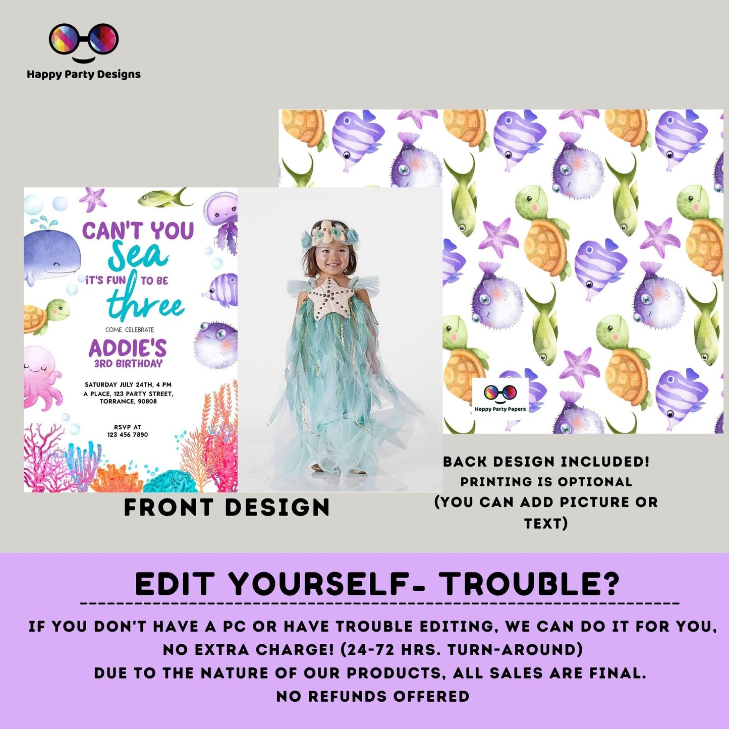 Can't you sea it's fun to be three template Invitation with photo | Editable Ocean Invite | under the sea party | girl | any age #K230