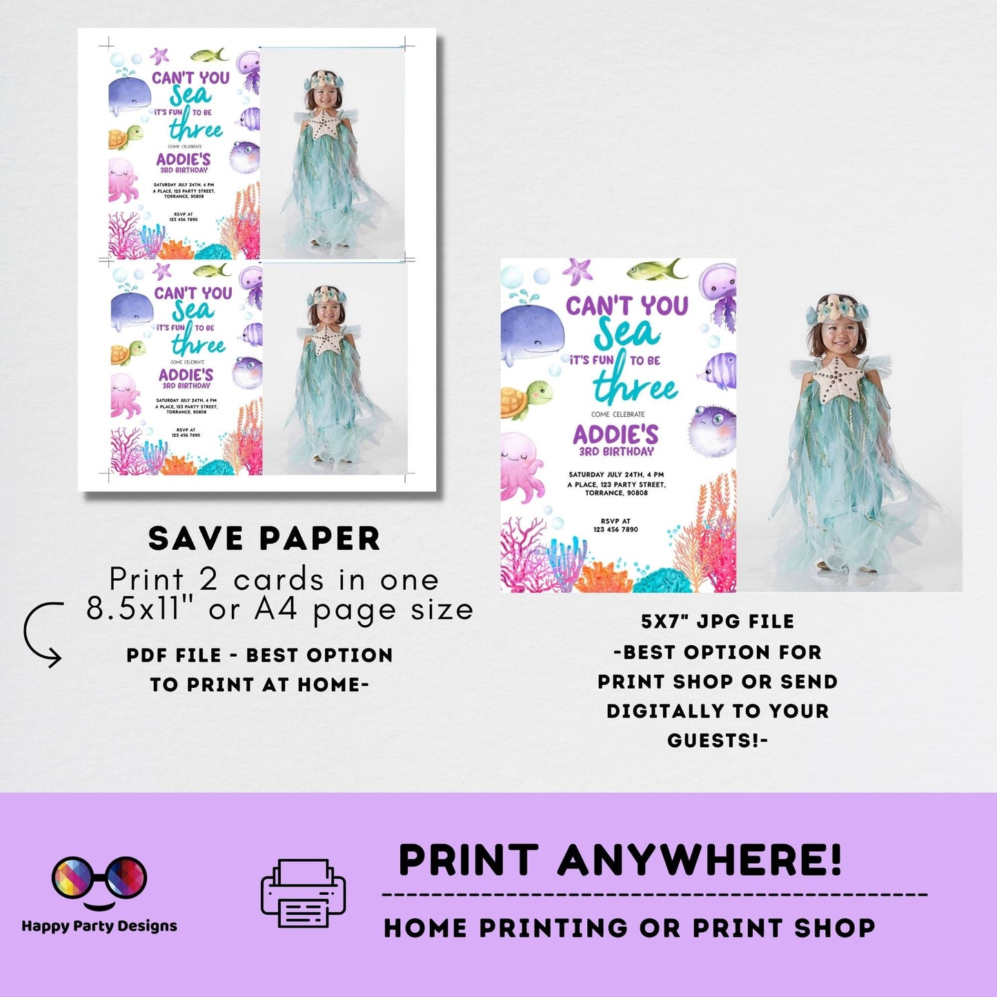 Can't you sea it's fun to be three template Invitation with photo | Editable Ocean Invite | under the sea party | girl | any age #K230