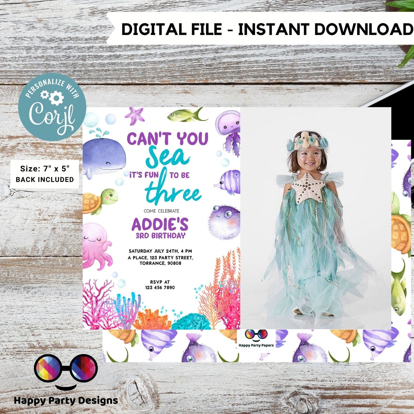Can't you sea it's fun to be three template Invitation with photo | Editable Ocean Invite | under the sea party | girl | any age #K230