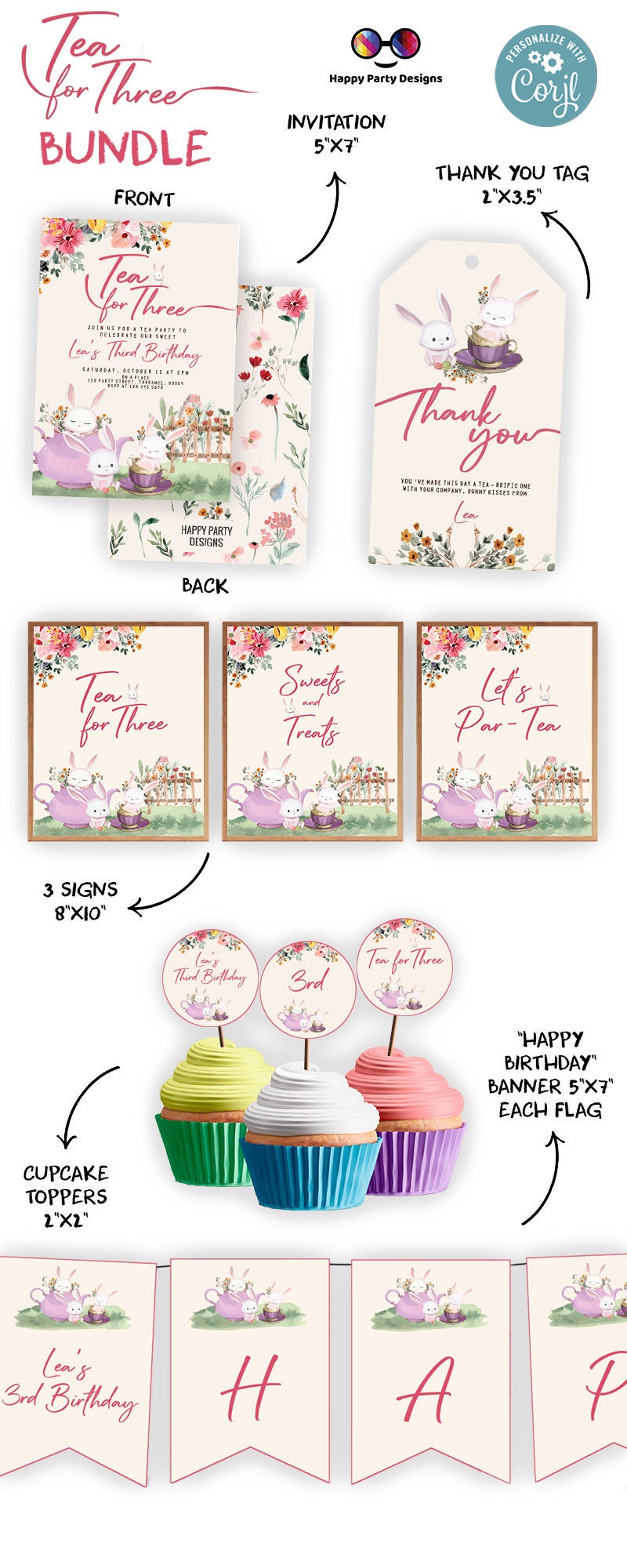 Tea Invitation bundle | tea for three Invite | flowered tea Party Invitation | tea Invite | Flowered  Invitation birthday Girl  #K120