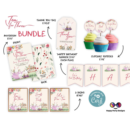 Tea Invitation bundle | tea for three Invite | flowered tea Party Invitation | tea Invite | Flowered  Invitation birthday Girl  #K120