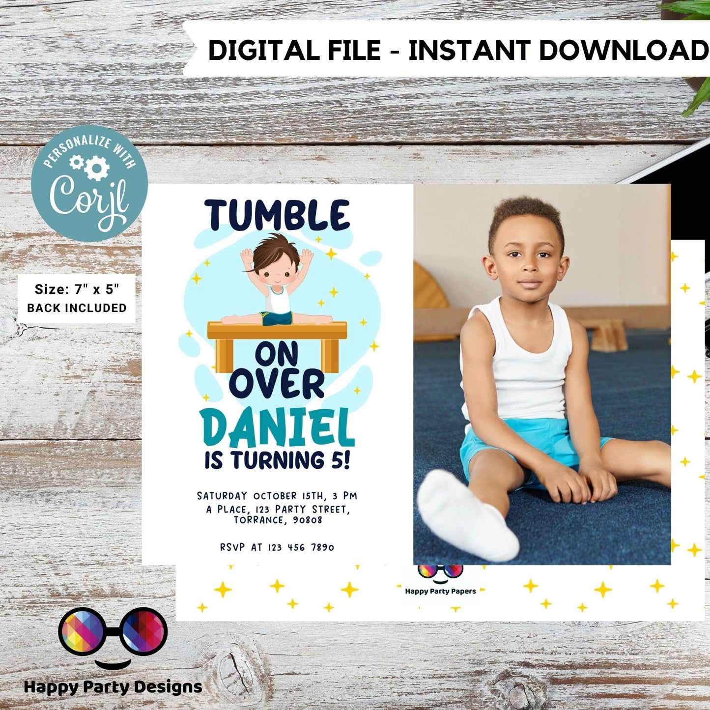 Editable Gymnastics Birthday Invitation with photo | Sports Invitation | Boy Tumbling Gymnasts Birthday | tumble on over Party Invite #K232
