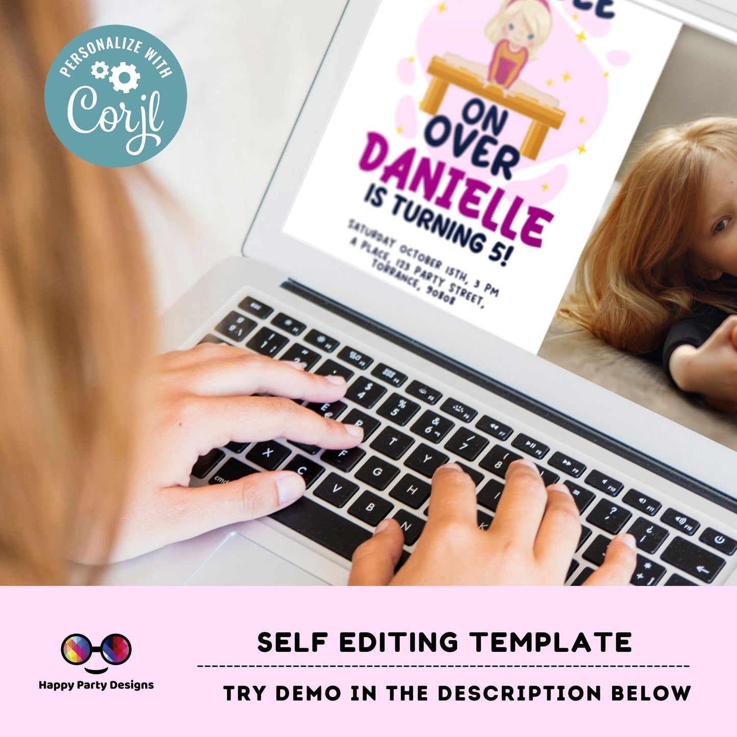 Editable Gymnastics Birthday Invitation with photo | Sports Invitation | Girl Tumbling Gymnasts Birthday Invite | tumble on over Party #K232