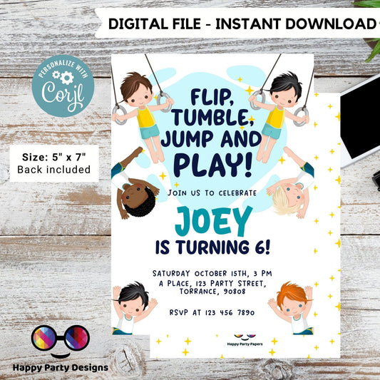 Flip, tumble, Jump and Play Editable Gymnastics Birthday Invitation | Boy Tumbling Gymnast Birthday Invite | tumble on over Party #K233