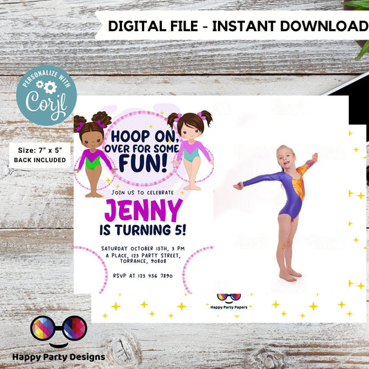 Hoop on over for some fun Editable Gymnastics Birthday Invitation with photo | Girl Hula hoop Gymnast Birthday | gymnastics Party #K234