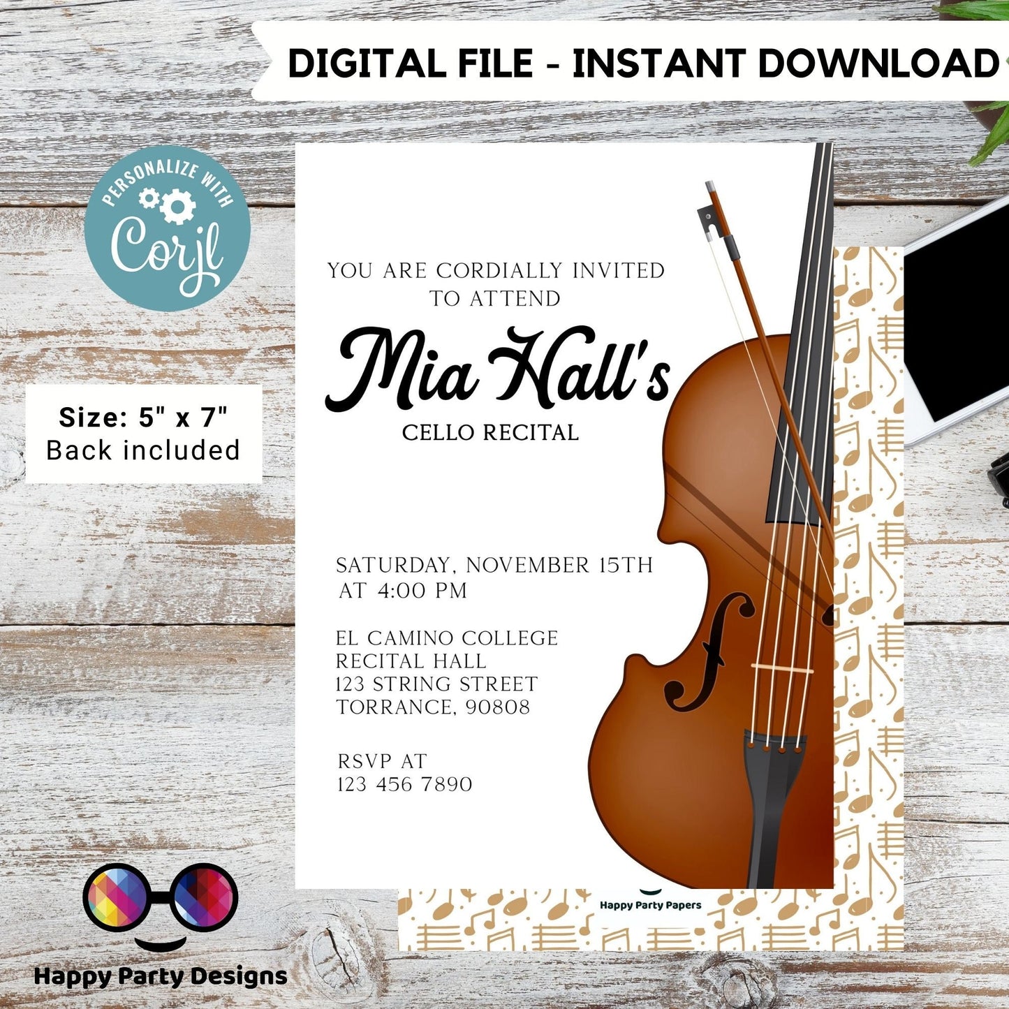 EDITABLE Cello Recital Invitation Template | Orchestra Concert | Instant Download | Digital | Personalize Online #K236