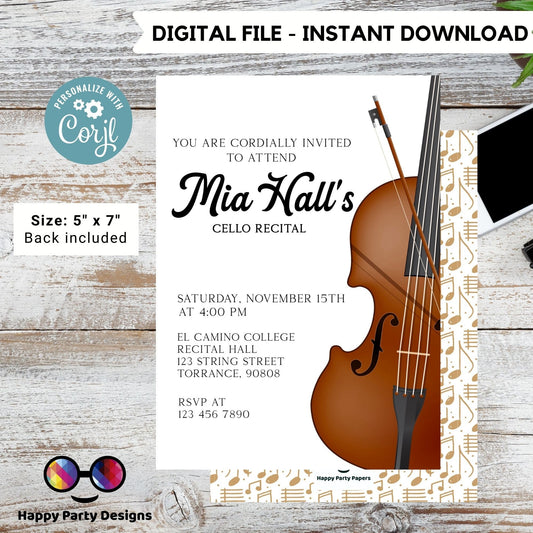 EDITABLE Cello Recital Invitation Template | Orchestra Concert | Instant Download | Digital | Personalize Online #K236