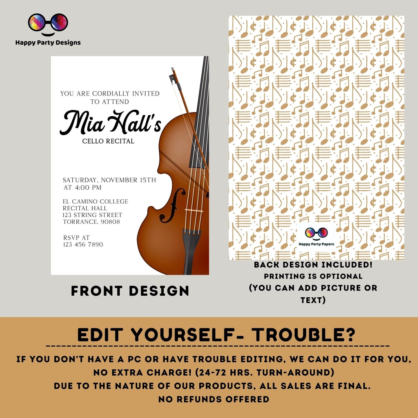 EDITABLE Cello Recital Invitation Template | Orchestra Concert | Instant Download | Digital | Personalize Online #K236
