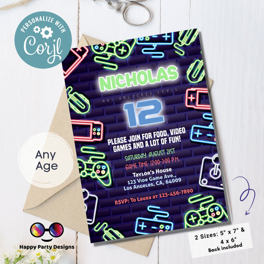 Editable videogame invitation | Digital neon video gamer printable invite | Birthday boy | neon Invitation | Personalize Online #K50