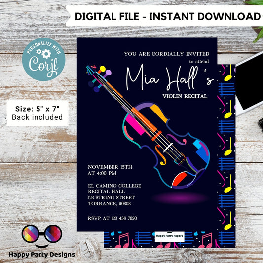 EDITABLE Violin Recital Invitation Template | Orchestra Concert | Instant Download | Digital | Personalize Online | musical | music  #K236