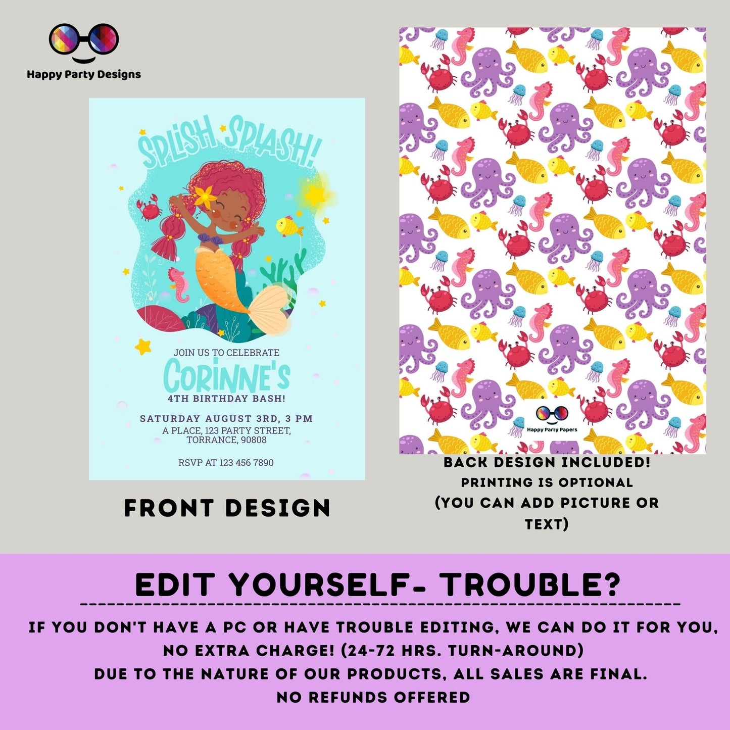 Editable Mermaid Invitation | African American mermaid party | Mermaid Birthday | Mermaid Digital File | INSTANT download #K237