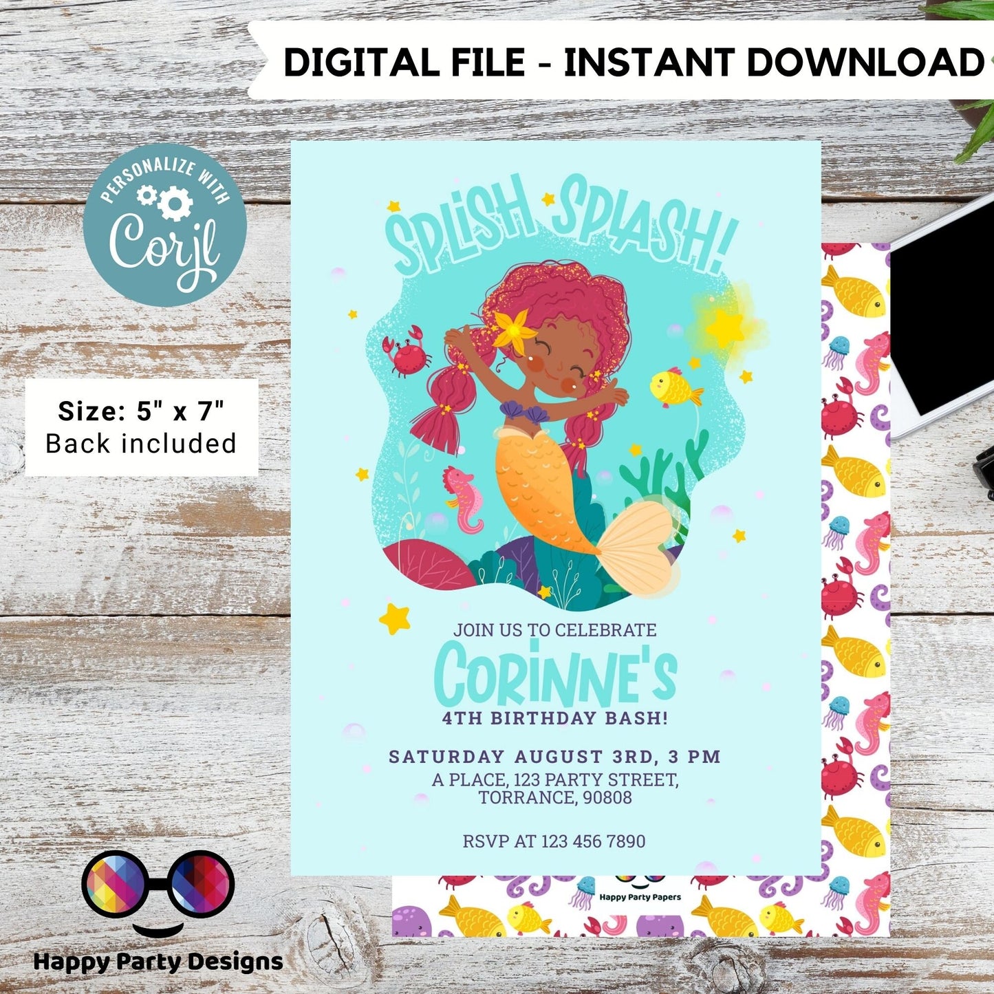 Editable Mermaid Invitation | African American mermaid party | Mermaid Birthday | Mermaid Digital File | INSTANT download #K237