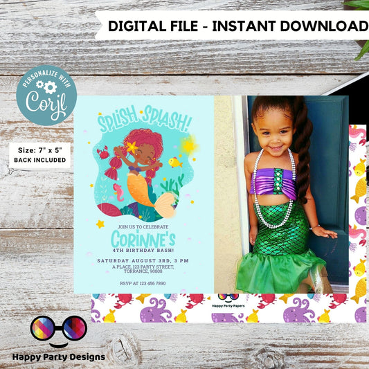 Editable Mermaid Invitation with photo | African American mermaid party | Mermaid Birthday | Mermaid Digital File | INSTANT download #K237