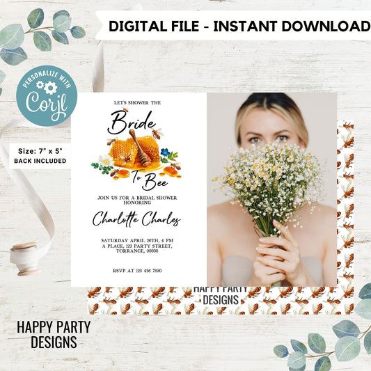 Bride to bee Shower Invitation Template with photo | Editable Bridal Shower | bride to bee Invite | Honey Printable | bee and flowers #W16