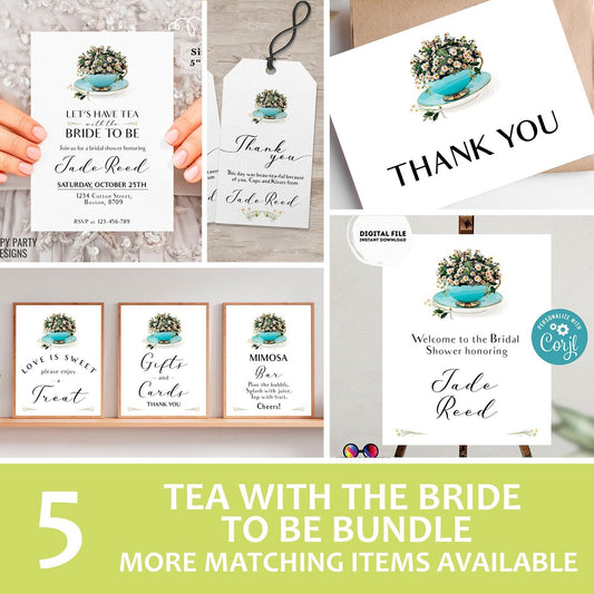 Bridal Shower Tea Party Invitation Template | Bridal  bundle Tea Shower Invite | Bridal Brunch | Bridal shower invitation template #W2