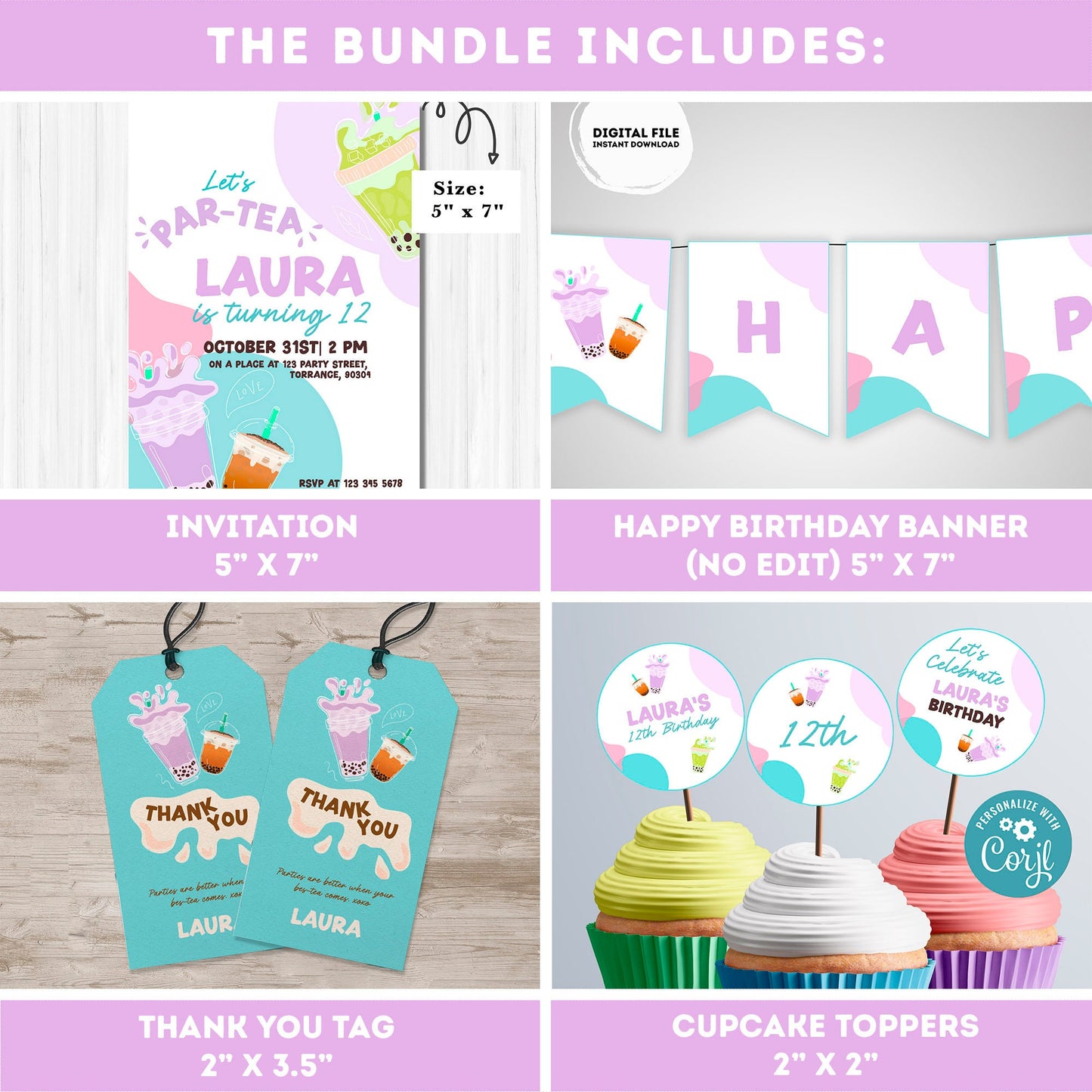 Tea Party birthday Invitation bundle | tea Invite | Boba Tea Party Invitation | Bubble Tea Invite | Par-Tea Invitation  #K121