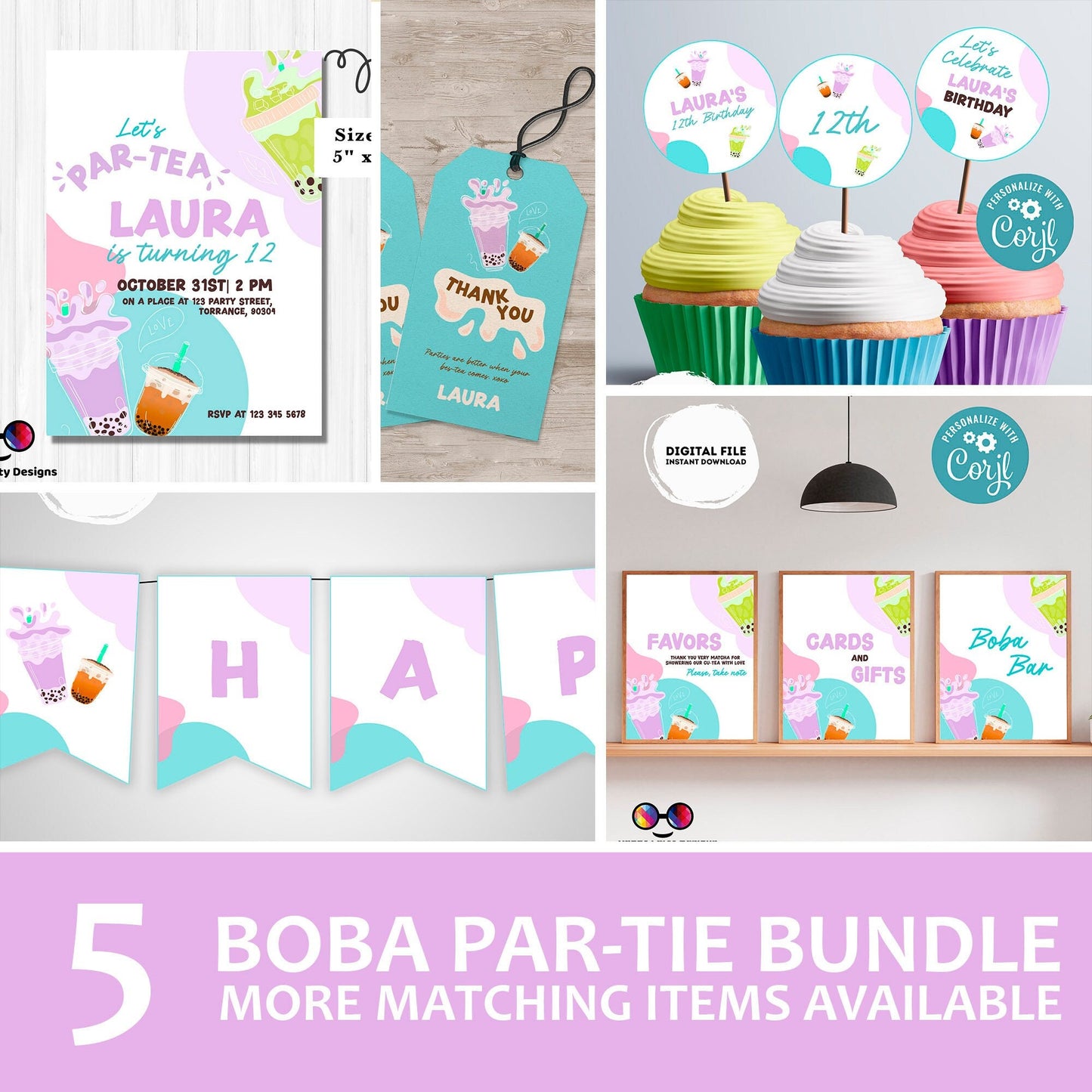 Tea Party birthday Invitation bundle | tea Invite | Boba Tea Party Invitation | Bubble Tea Invite | Par-Tea Invitation  #K121