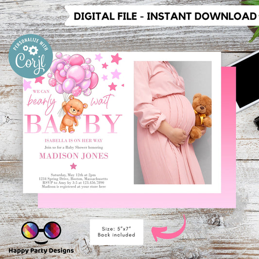 EDITABLE pink Teddy bear baby shower invitation template | teddy bear Invitation with picture | Baby Shower | girl baby shower #B21