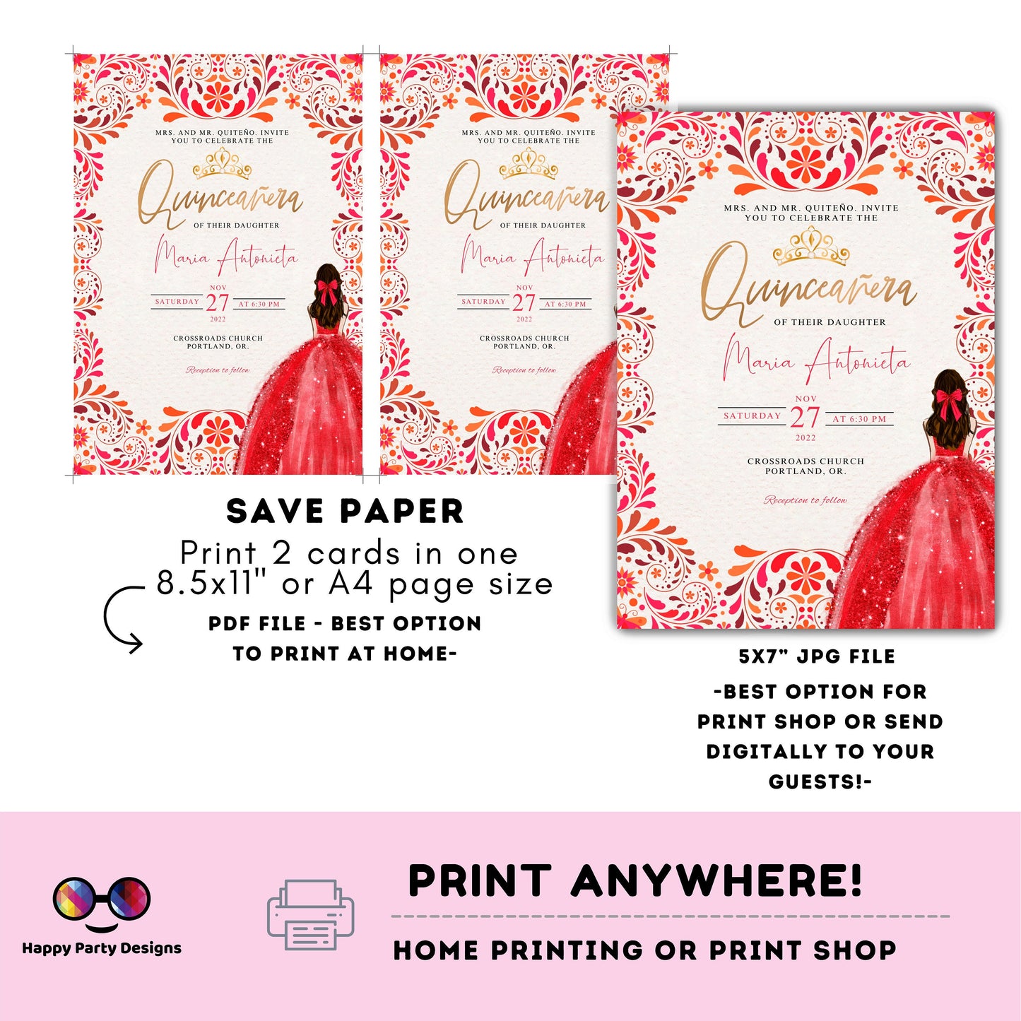 Editable Gorgeous Red Floral Quinceañera Invitation | EDITABLE TEMPLATE Mis Quince 15 | 16th Birthday Instant Download | Girl Birthday #K214