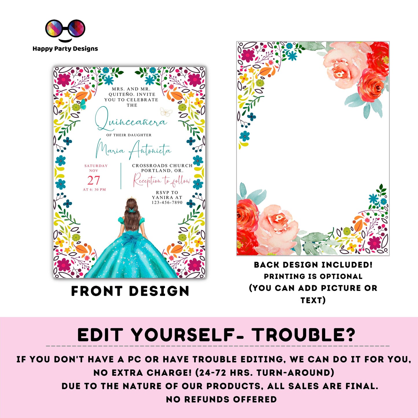 Editable Floral Quinceañera Invitation | EDITABLE TEMPLATE Mis Quince 15 | 16th Birthday Instant Download | Teal Dress Girl Birthday #K215