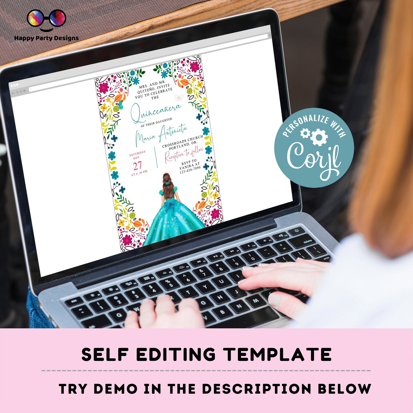 Editable Floral Quinceañera Invitation | EDITABLE TEMPLATE Mis Quince 15 | 16th Birthday Instant Download | Teal Dress Girl Birthday #K215