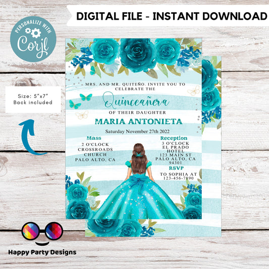 Editable Teal Quinceañera Invitation | EDITABLE TEMPLATE Mis Quince 15 | 16th Birthday Instant Download | Teal Dress quinceañera #K215