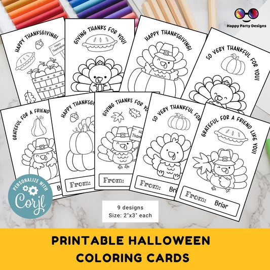Editable Thanksgiving Printable Coloring Cards Editable Set of 9 | for Kids | Thanksgiving Coloring Activity | Thanksgiving activity