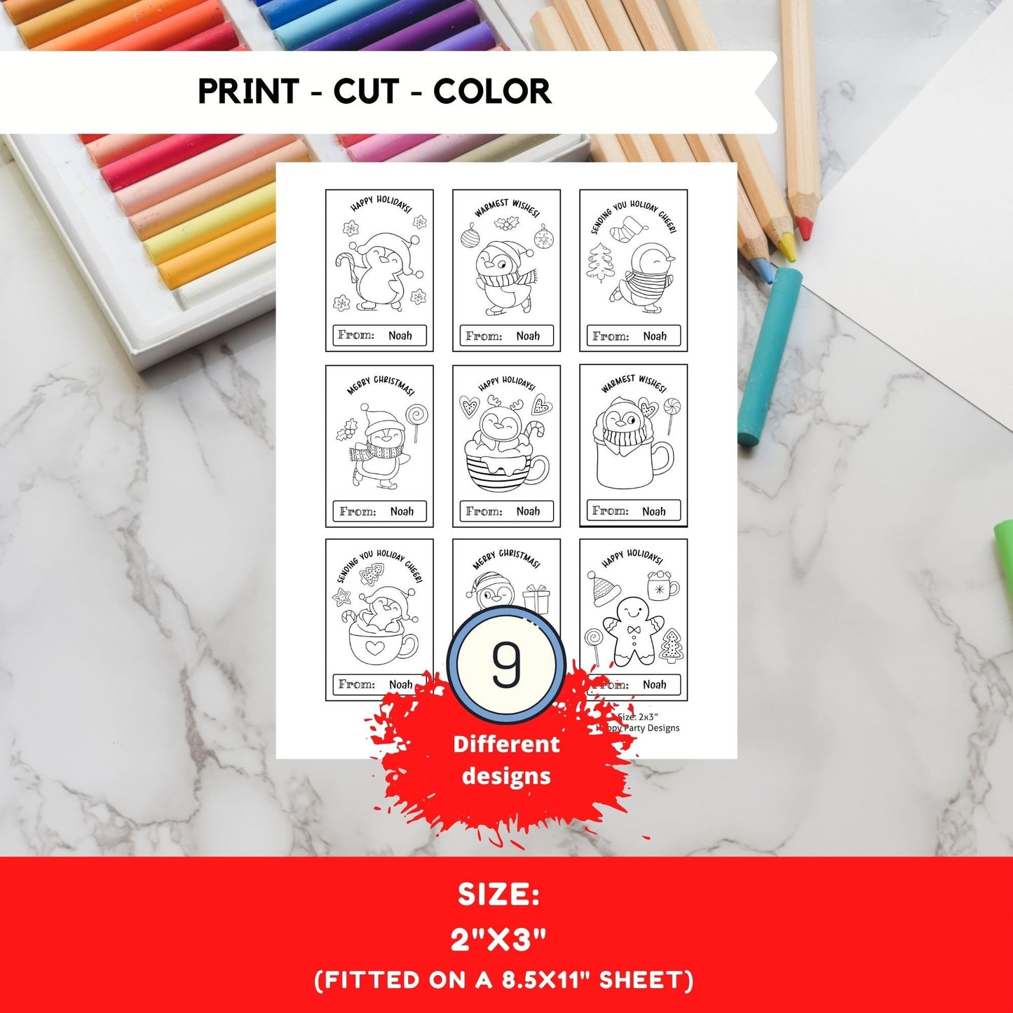 Editable Christmas small Printable Coloring Cards Editable Set of 9 | Christmas Coloring | Christmas activity | Christmas Cards for kids