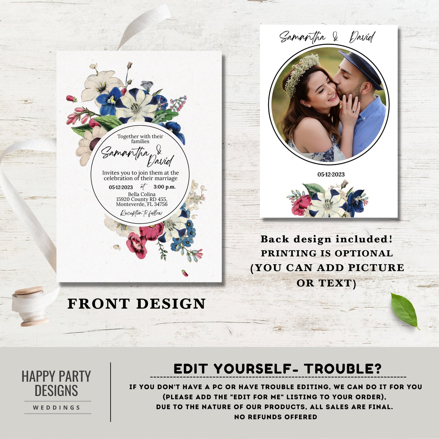 Editable Royal Blue Floral Invitation | Romantic wedding Invite | Burgundy floral Wedding | White flowers | Red flowers and greenery #W19