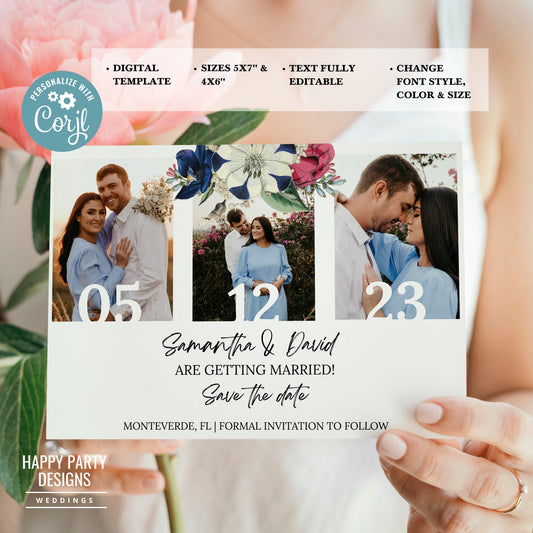 Printable Save The Date Template | Editable electronic Royal Blue Floral save the date | Romantic wedding | Burgundy floral Wedding #W19