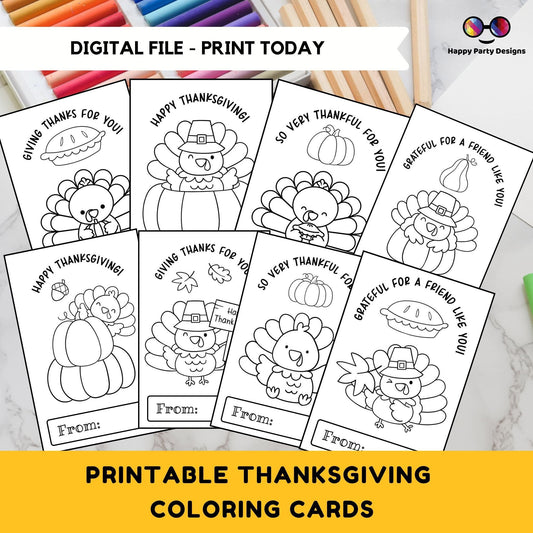 Thanksgiving Printable Coloring Cards INSTANT DOWNLOAD Set of 8 | for Kids | Thanksgiving Coloring Activity | Thanksgiving activity