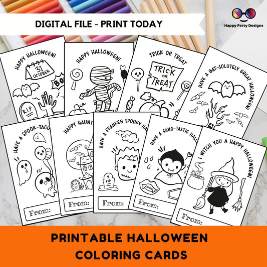 Halloween Printable Coloring Cards INSTANT DOWNLOAD Set of 9 | for Kids | Halloween Coloring Activity | Trick or Treat activity | Halloween