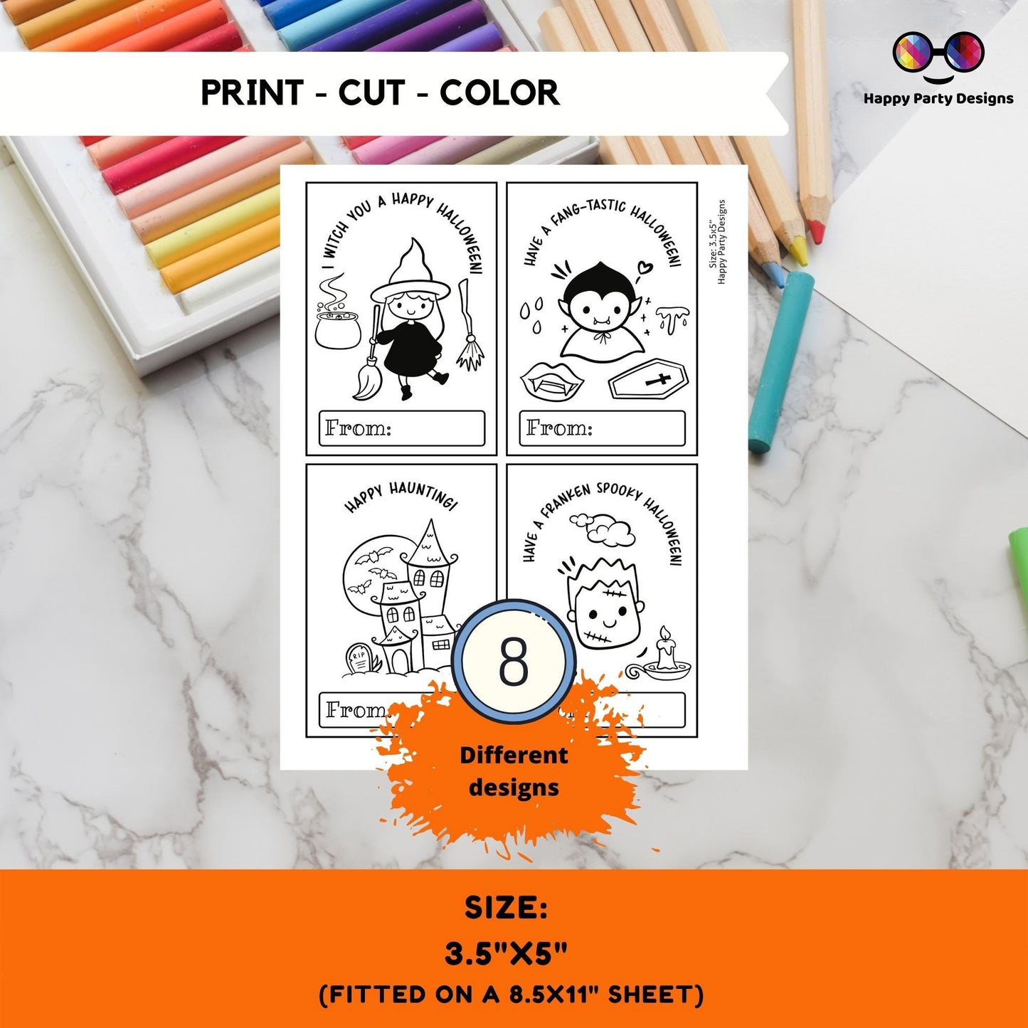 Halloween Printable Coloring Cards INSTANT DOWNLOAD Set of 8 | for Kids | Halloween Coloring Activity | Trick or Treat activity | Halloween