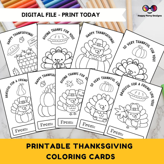 Thanksgiving Printable Coloring Cards INSTANT DOWNLOAD Set of 9 | for Kids | Thanksgiving Coloring Activity | Thanksgiving activity