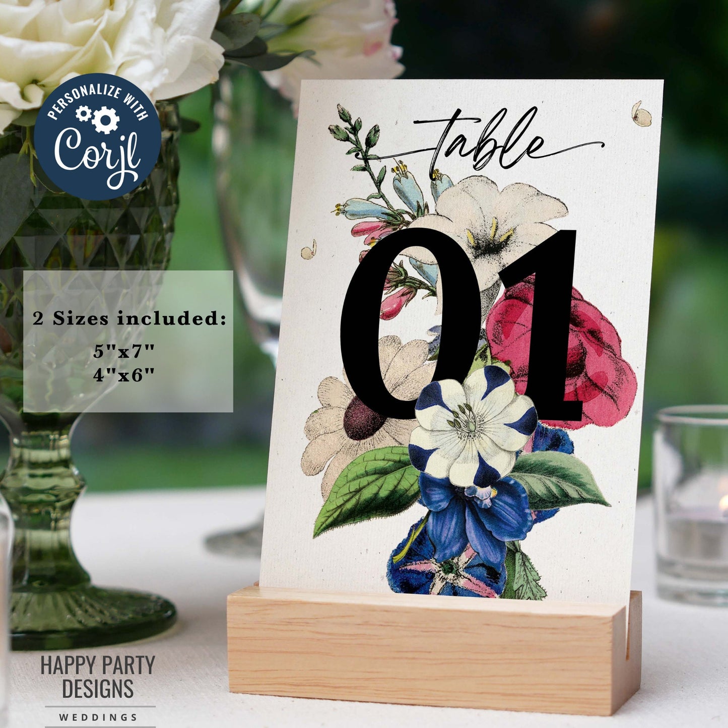 Editable Wedding Table Number Template | Royal blue, blush, green flowers | wedding Decorations | Table Number Sign Printable #W19