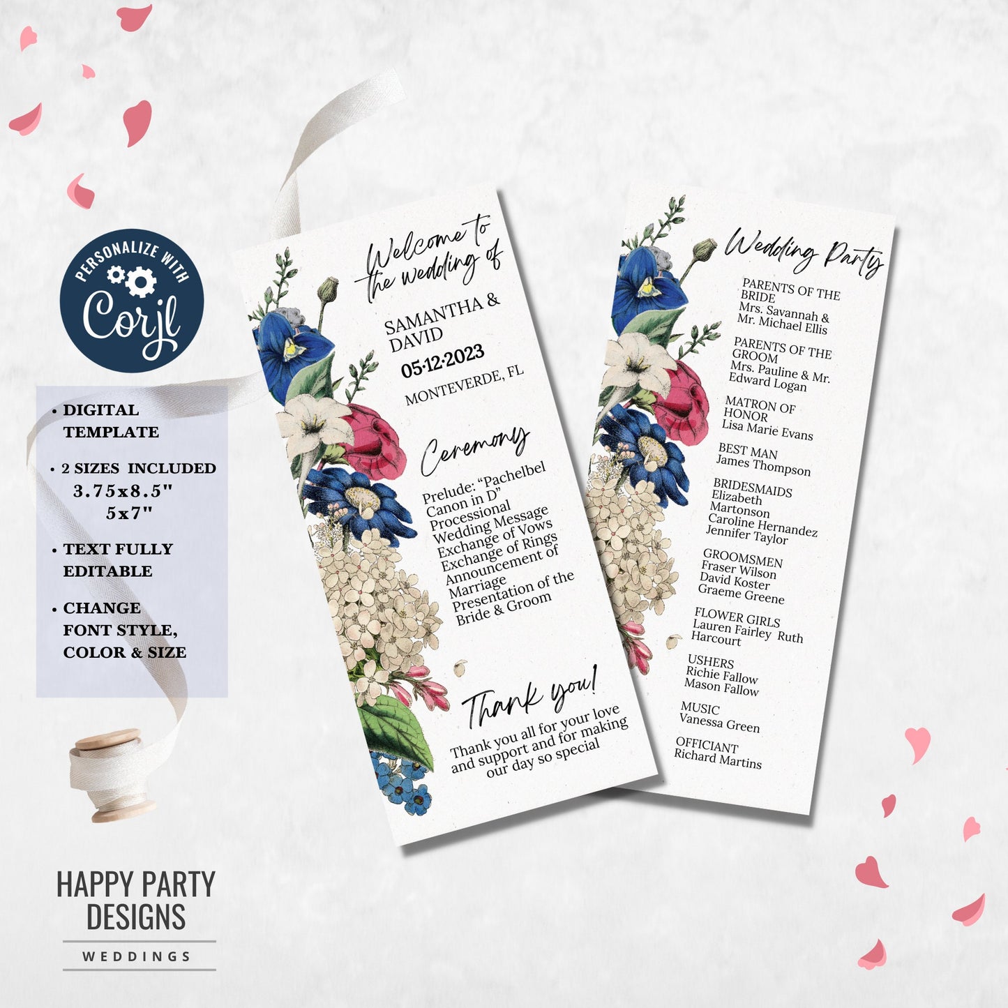 Editable floral Wedding Program Template | Royal blue, burgundy, white Elegant Wedding, Printable, Fully Editable, INSTANT Download #W19