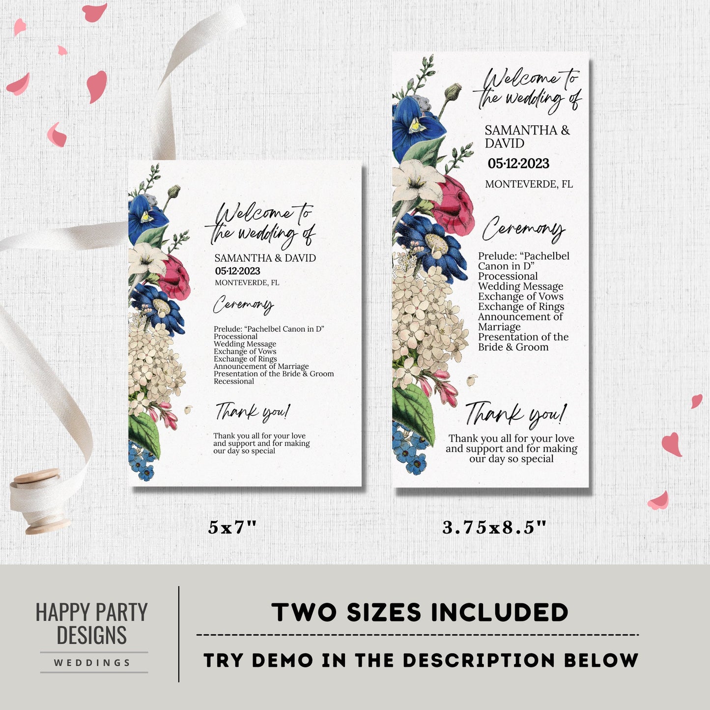 Editable floral Wedding Program Template | Royal blue, burgundy, white Elegant Wedding, Printable, Fully Editable, INSTANT Download #W19