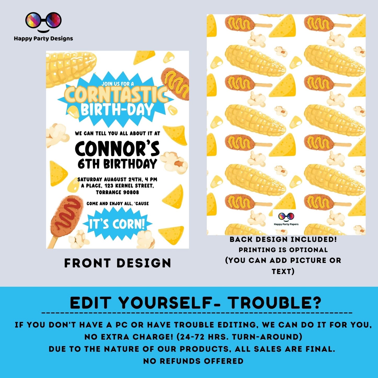Kids Editable Corn Birthday Invitation Template | Printable Birthday Corntastic Party Invitations | Birthday boy ITs Corn party  #K218