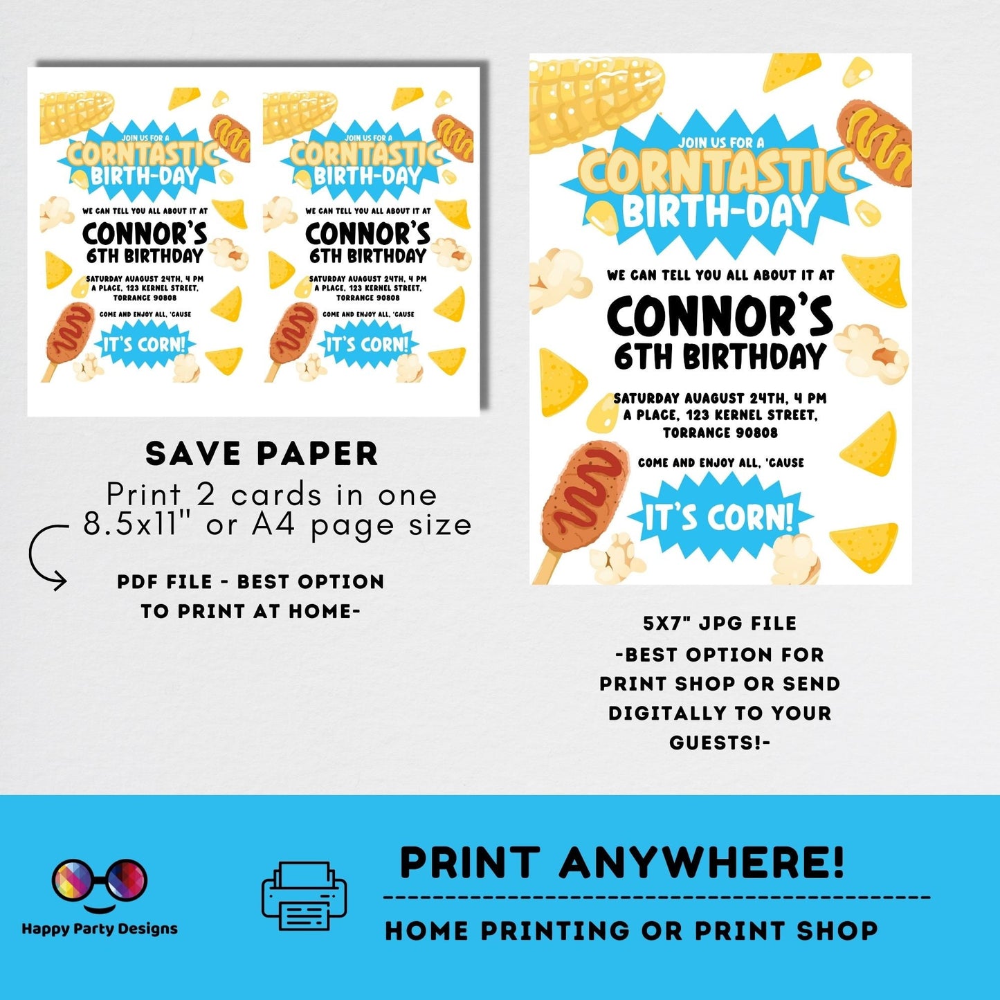 Kids Editable Corn Birthday Invitation Template | Printable Birthday Corntastic Party Invitations | Birthday boy ITs Corn party  #K218