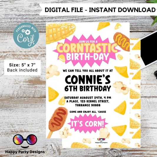 Kids Editable Corn Birthday Invitation Template | Printable Birthday Corntastic Party Invitations | Birthday girl ITs Corn party  #K218