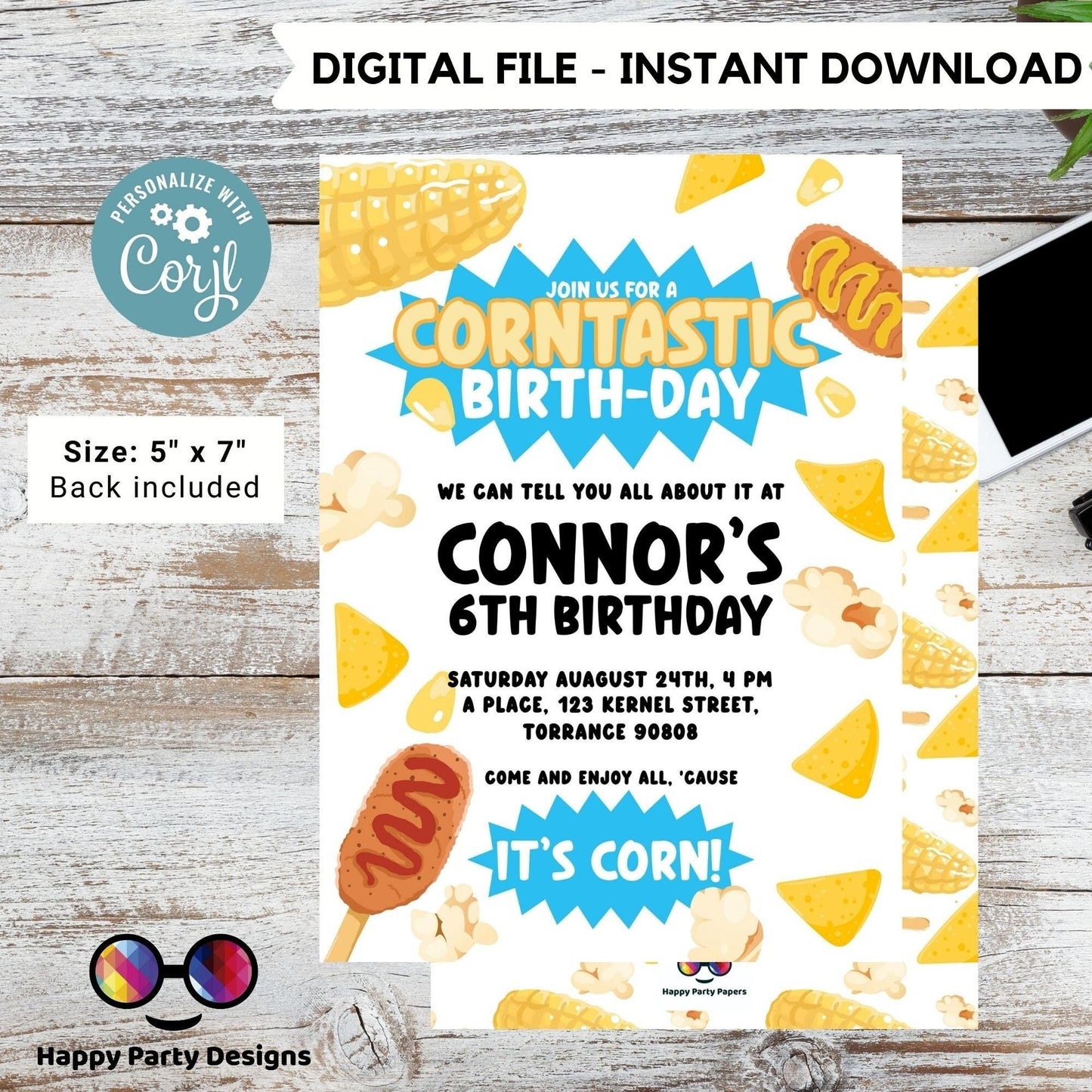 Kids Editable Corn Birthday Invitation Template | Printable Birthday Corntastic Party Invitations | Birthday boy ITs Corn party  #K218