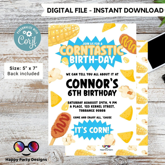 Kids Editable Corn Birthday Invitation Template | Printable Birthday Corntastic Party Invitations | Birthday boy ITs Corn party  #K218