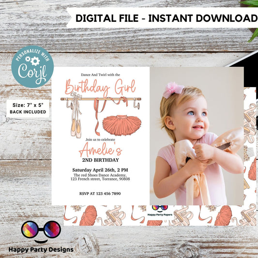 Tutu Birthday invitation with photo | Tutu Cute printable | Birthday girl | Birthday Invitation Ballerina Two-tu | Girl Party Invite #K219